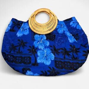 Blue Hawaiian Floral Beach Bag Raffia Wooden Handle